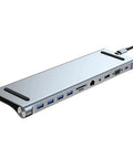 Sleek USB Type C Docking Station With Dual Display Hookup For Laptops Plug And Play Config, side view showing multiple ports and connections.