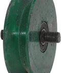 Green cast-iron wheel with threaded central stud for track caster assembly.
