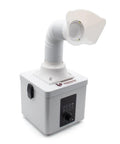 Compact Desktop Solder Fume Extractor With Dual Stage Air Purifier showing clean white unit with flexible hose and control panel.