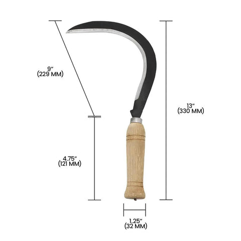 Curved Weeding Harvest Scythe With 13 Inch Carbon Steel Blade And Beige Handle For Clearing Tall Weeds And Soft Brush