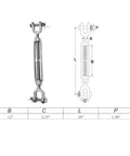 Built Like A Tank 316 Stainless Steel Drop Forged Jaw Jaw Turnbuckle 1 By 12 Inch with dimensions displayed for marine rigging.