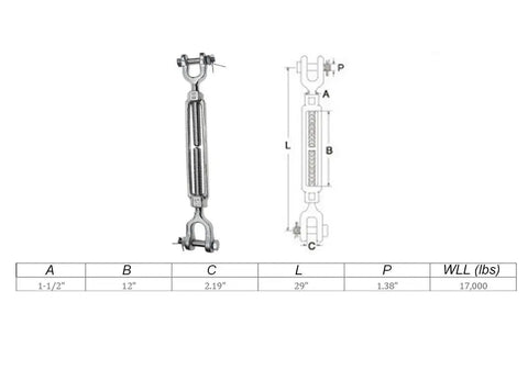 Built Like A Tank 316 Stainless Steel Drop Forged Jaw Jaw Turnbuckle 1 By 12 Inch with dimensions displayed for marine rigging.