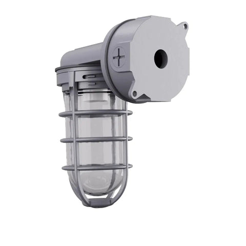 Jelly Jar Vapor Tight Wall Light Fixture With Prismatic Glass, industrial style utility sconce, weatherproof gray finish, side view
