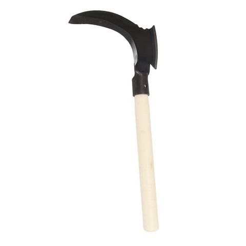 Double Sickle Garden Tool With High Manganese Steel Blade and wooden handle displayed against a white background.