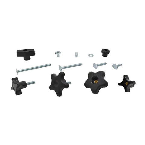 149 Piece Universal T Track and Jig Hardware Kit Featuring 1/4 Inch 20 TPI T Bolts with pro grade knobs displayed on white background