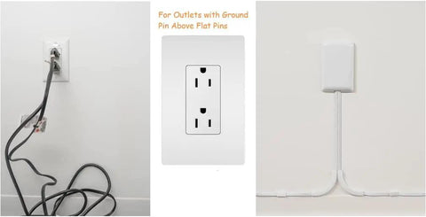 Slick Inverted Outlet Concealer Kit with Cord Concealer for Inverted Outlets, showcasing messy cords before and tidy setup after installation.