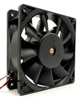 Side view of 120mm 12V high flow PC case fan with 0.60A draw, 5000 RPM and 226 CFM, dual ball bearing DC cooling fan for PC builds.
