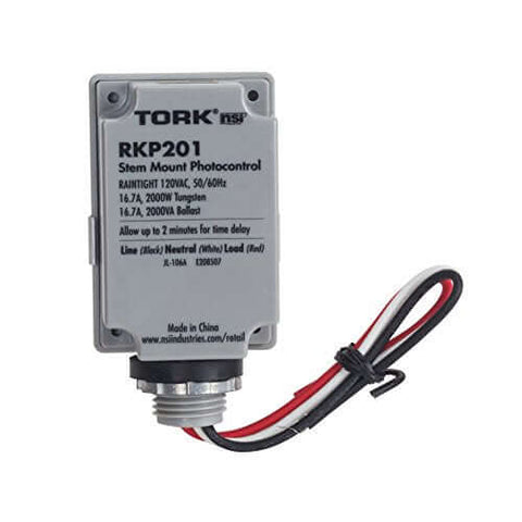 Front view of Outdoor 120V Stem Mount Photocontrol with light adjustment bar, wiring visible, for dusk to dawn lighting