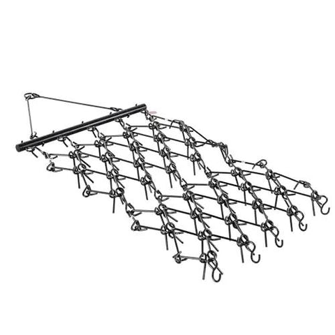 Heavy duty drag harrow with 69 teeth for tractor, ATV, UTV use. 4x4 ft size, chain construction for soil prep and driveway maintenance.