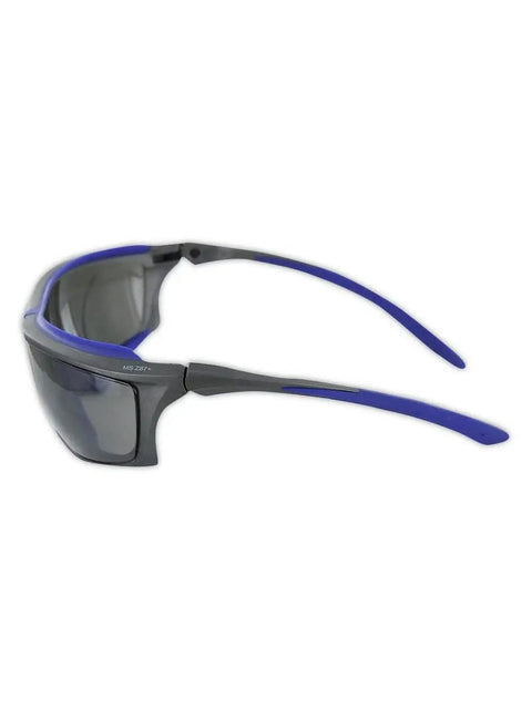 Boss Level Anti Fog Safety Glasses With Smooth Grip TPR Cushion And Dark Tinted Lenses built tough, side view showing blue and gray color.