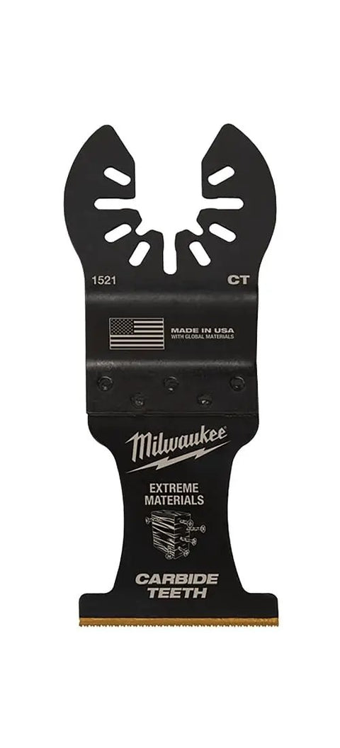 Professional Grade Oscillating Multi Tool Blades One Three Eighths Inches Carbide Tipped Cutting Edges Five Pack blade close-up, carbide teeth design.