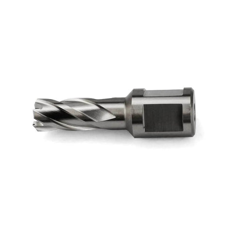 Carbide annular cutter with 3/4 in Weldon shank, 1/2 in cutting diameter, 1 in depth of cut.
