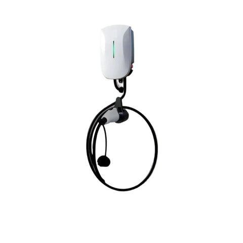 Premium Level Two Electric Vehicle Charger With J1772 Connector and adjustable wall box mounted with five meter cable.