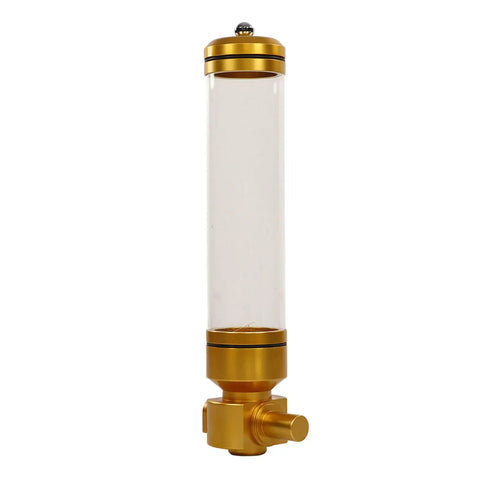 Wall Mounted Coffee Bean Dispenser Keeps Cafe Stash Fresh As Ever. Clear acrylic tube with gold aluminum lid and nozzle.
