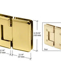 Polished Brass Glass To Glass Hinge With Rounded Corners And Beveled Edges designed for heavy duty shower doors, 3-15/16" size.