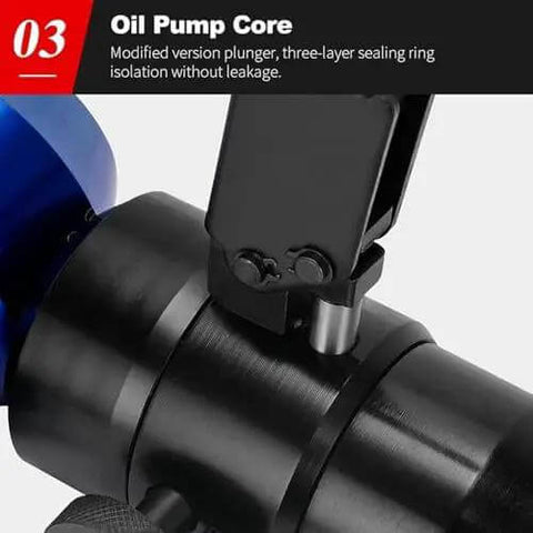 Close-up of Portable Hydraulic Hole Punch Kit With Six Dies For Drilling Holes In Mild Steel Plates And Metal Sheets showing oil pump core.