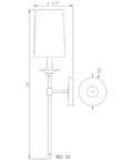 Diagram of 1 Light Wall Sconce in Rubbed Brass Finish for Bathroom Hallway or Bedroom Transitional Coastal Modern Steel Wall Mount Light 807-1S-RB Style Warm Vintage Glow Vibe showing dimensions.