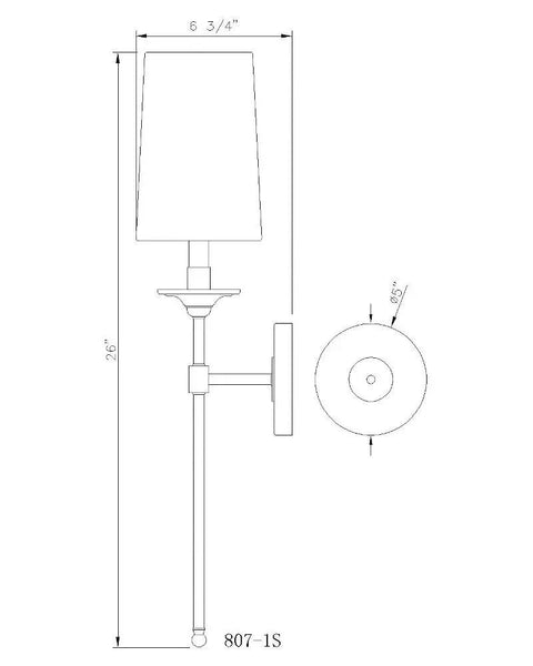 Diagram of 1 Light Wall Sconce in Rubbed Brass Finish for Bathroom Hallway or Bedroom Transitional Coastal Modern Steel Wall Mount Light 807-1S-RB Style Warm Vintage Glow Vibe showing dimensions.