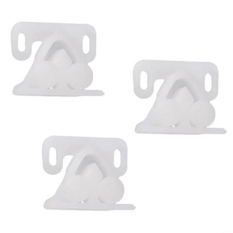 3 Pack Spring Loaded Door Latch Ball Roller Catch Set In White ABS Plastic for cabinets and RVs, front view close-up