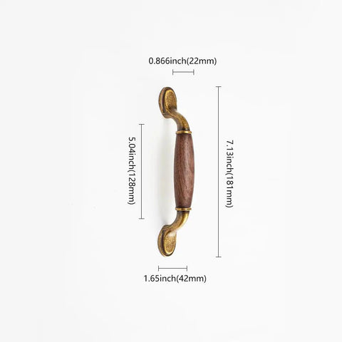 Vintage Walnut Wood Cabinet Handles Set With Zinc Alloy Drawer Pulls In Antique Metal Finish, size dimensions shown