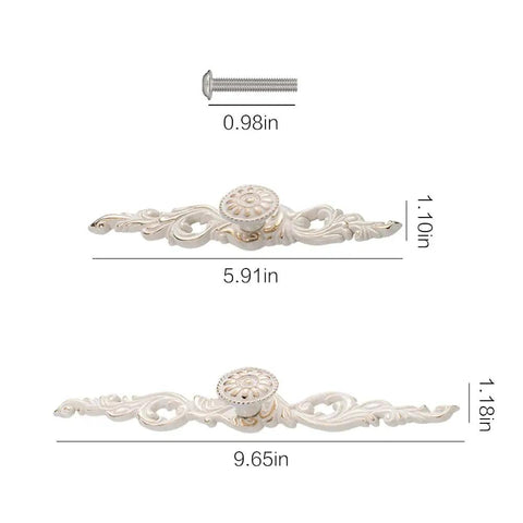 2 Pack Zinc Alloy Drawer Pulls White Vintage Shabby Chic Cabinet Handles For Dresser Vanity Nightstand Wardrobe And Closet Cupboard 9.65 By 1.18 Inches With 0.98 Inch Screws Durable Metal Hardware shown with dimensions and screw