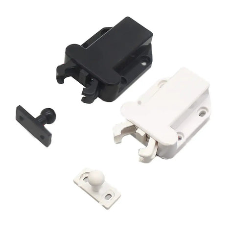 Non Magnetic Door Push Latch For Single Doors, Push To Open Cabinet Hardware in black and white, adjustable spring clip shown separately.