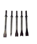 Five Piece Pneumatic Air Hammer Chisel Bit Set With 6.88 Inch Bits, 10mm Round Shank, Includes Five Shapes For Demolition, Paving, And Metalwork, Built Tough, Heavy Duty Steel For Durable Punching And Chipping displayed in a row