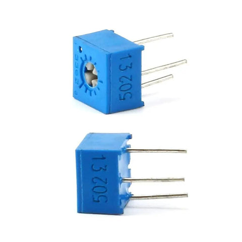 Blue 3362P Single Turn Trimmer Potentiometer, 503 ohm, 3-pin design, used with Arduino breadboards, side and top view