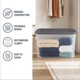 Tackle The Mess Fast With This Beast Mode 108 Quart Stackable Storage Bin Packing Dang Solid Snap Latches And Crisp Clear Plastic For Foolproof Closets And Garage Decluttering, filled with neatly folded blankets.