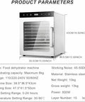 No Sweat 10 Tier Electric Food Dehydrator With Stainless Steel Shelves And Simple Digital Controls, showing side view with parameters.