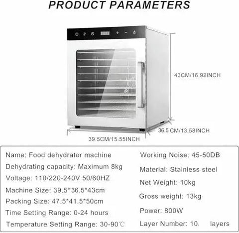 No Sweat 10 Tier Electric Food Dehydrator With Stainless Steel Shelves And Simple Digital Controls, showing side view with parameters.