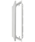 Rock Solid Galvanized Steel Access Panel For Drywall Built Tough As A Tank 10X20 Inch white panel, showing inside mechanism and latch.