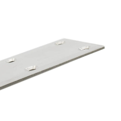 No Fuss Four Pack Heavy Duty Mending Plates Stainless Steel Straight Brackets close-up showing mounting holes for attachment.