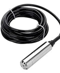 DC 24V 4-20mA Water Level Transmitter Plug-In Type Level Sensor For 0 To 5 M Range Anti-Bending Probe With 6 M Cable Works With PLCs Digital Displays And Data Recorders, shown with steel probe and coiled black cable.