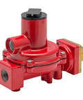 Red LP-gas first-stage regulator with POL to 1/2 in NPT connections.
