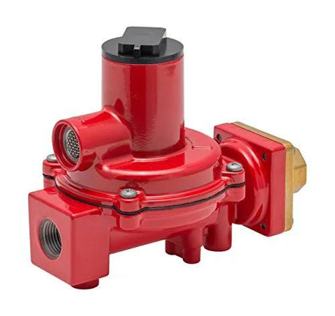 Red LP-gas first-stage regulator with POL to 1/2 in NPT connections.