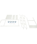 Rock Solid Four Step Rolling Ladder With Sturdy Rails And Non Slip Steel Treads parts laid out for assembly, includes metal rails, wheels, and tread plates.