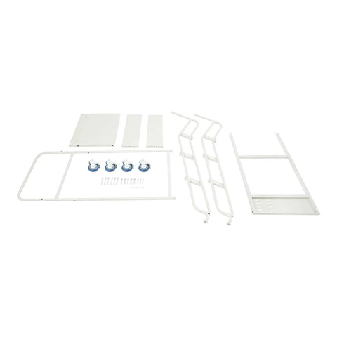 Rock Solid Four Step Rolling Ladder With Sturdy Rails And Non Slip Steel Treads parts laid out for assembly, includes metal rails, wheels, and tread plates.