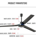 Freaking Smooth Heavy Duty Three Blade Ceiling Fan With Wireless Remote Control And Rock Solid Quiet Operation For Indoor Outdoor Spaces Like Large Patios Or Bedrooms In Sleek Black Finish dimensions diagram with specifications.