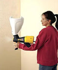 Pro Grade Electric Texture Sprayer Featuring Three Ready To Roll Swappable Nozzles For Acoustical Popcorn Knockdown Orange Peel Coatings On Ceilings Walls Fast Lock N Go Setup Makes Weekend Renovations A Breeze in use on a wall.