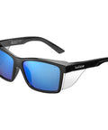 Heavy Duty Full Frame Shield Safety Glasses With Kickass Polarized Cobalt Mirror Lenses For Killer Clarity And Hella Anti Fog Anti Scratch Protection Built Tough For Outdoor Tasks And Driving in black with blue lenses.