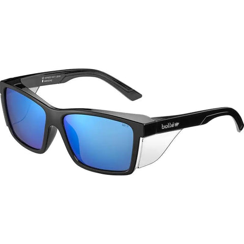 Heavy Duty Full Frame Shield Safety Glasses With Kickass Polarized Cobalt Mirror Lenses For Killer Clarity And Hella Anti Fog Anti Scratch Protection Built Tough For Outdoor Tasks And Driving in black with blue lenses.