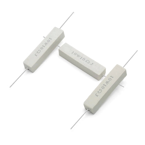 Angled front view of four white cement power resistors marked 10 ohm 10 W with axial leads.