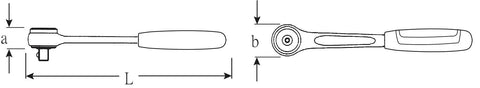 Technical drawing of Quarter Inch Drive Quick Release Ratchet with Reversible 80 Tooth Fine Tooth Mechanism and Steel Handle side and top views.