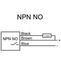 Wiring diagram for NPN NO connection showing black, brown, and blue wires with load, related to Inductive Proximity Sensor SN04-N 3-wire setup.