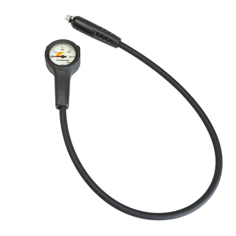 Compact Brass Case Diving Pressure Gauge With Metric Display, Rubber Boot And 34.5 Inch HP Hose, 0-300 Bar Readout In 50 Bar Increments