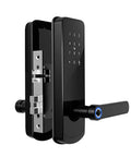 Rock Solid Fingerprint Electronic Door Lock Featuring A Slick Acrylic Touchscreen Keypad and Hassle Free Digital Programming view from side showing deadbolt and sleek design.