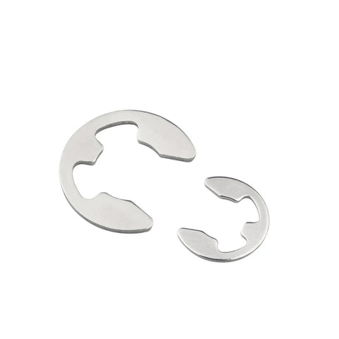 Close-up of two pieces from the Twenty Piece 304 Stainless Steel E Clip Circlip Retaining Ring Set For Shaft Fasteners M1.2 To M10 M9.