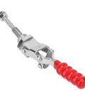 Knockout Slick Stainless Steel Push Pull Toggle Clamp With Quick Release Handle For Garage Shop Woodworking Jigs And Workshop Fixtures Compact Heavy Duty Tool close-up view showing red handle and stainless steel body.
