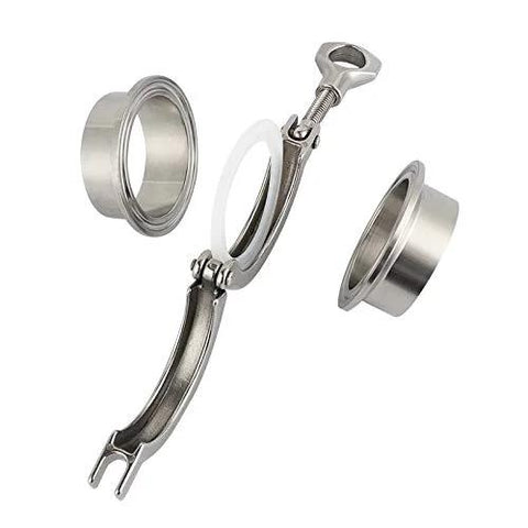 Beduan stainless steel sanitary tri-clamp ferrule kit; 1.5 in to 3/4 in tube, silicone gasket, clamp rings (exploded view)